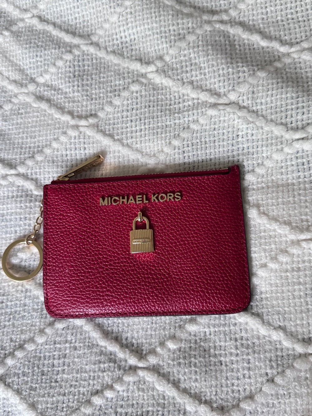 Michael Kors Raspberry Red Leather Zip Card Case with Padlock Charm